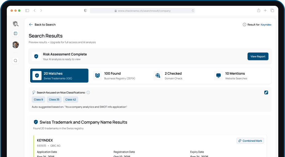 Checkname name availability checker dashboard for Switzerland
